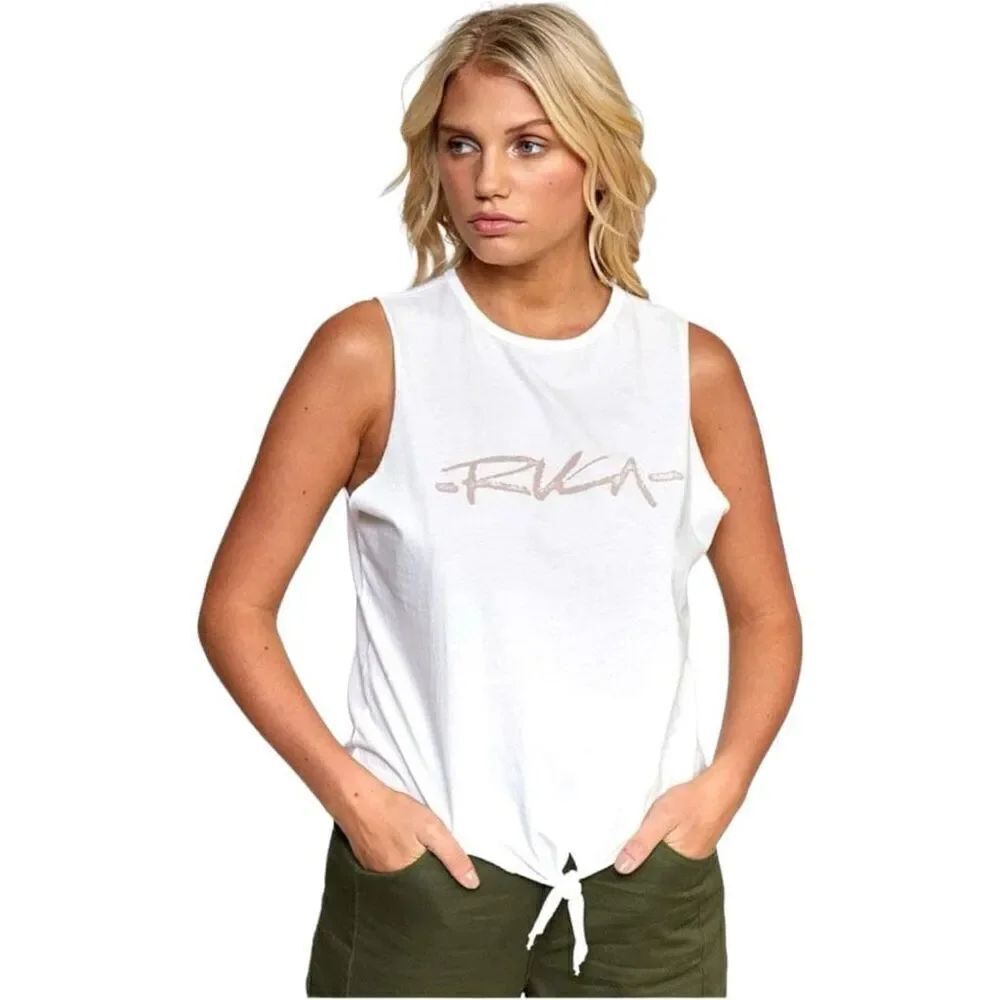NWT Womens RVCA Vintage White Chalk Script Logo Tie Front Tank Top - Sz S